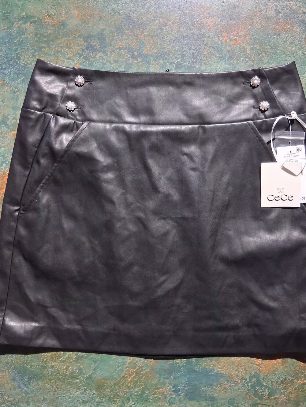 CeCe Black Faux Leather Mini Skirt with Decorative Buttons